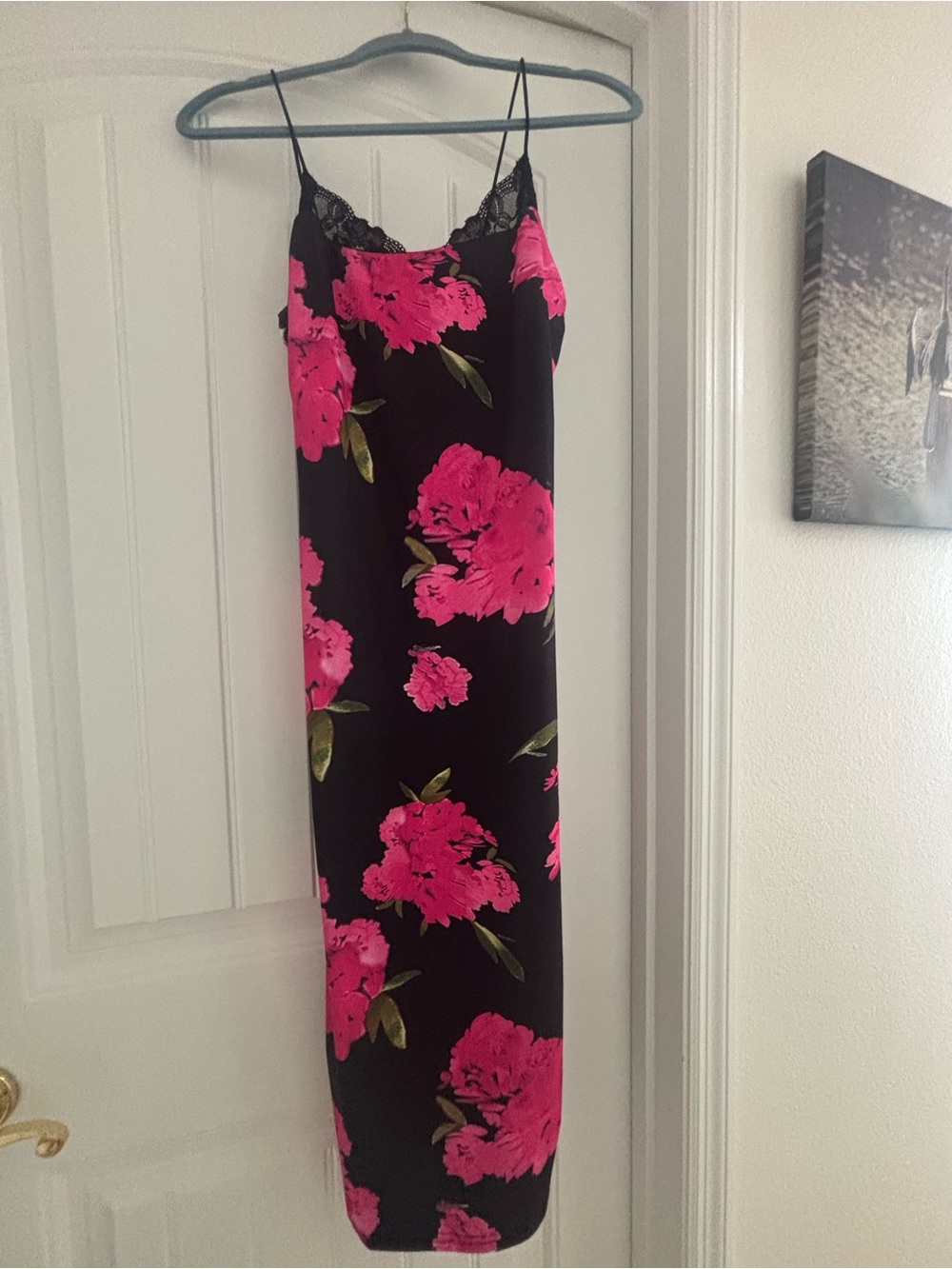 Black Maxi Slip Dress with Bright Pink Floral Print